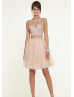 Two Piece Beaded Tulle Keyhole Back Short Cocktail Dress
